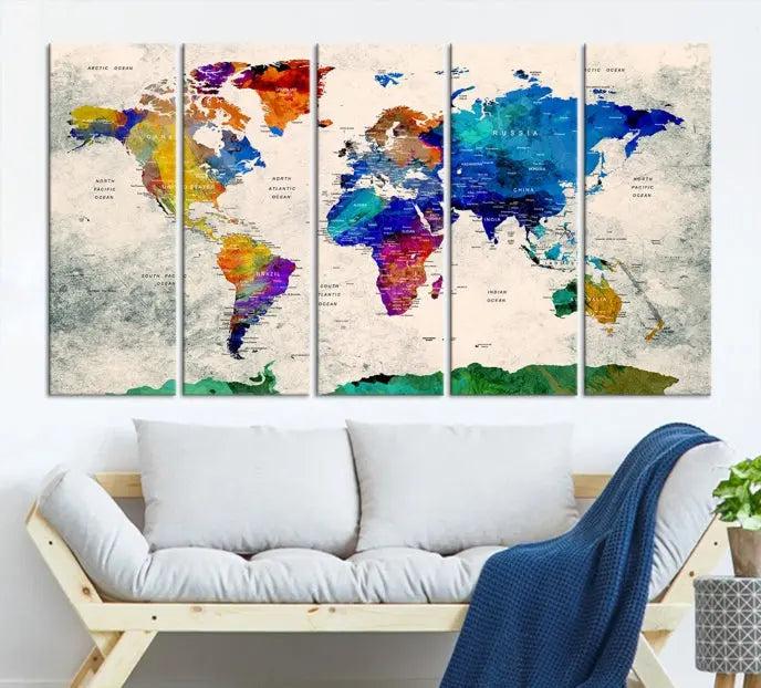 The "Push Pin World Map Canvas Print," a vibrant, museum-quality three-panel artwork with a UV-protective coating, is poised to enhance your living space.