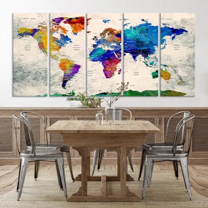 The "Push Pin World Map Canvas Print," a vibrant, museum-quality three-panel artwork with a UV-protective coating, is poised to enhance your living space.