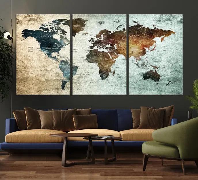 A Push Pin World Map Canvas Print, designed on museum-quality canvas, hangs prominently as a captivating piece of wall art.