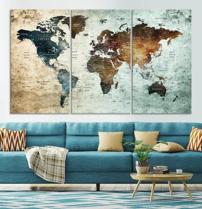 A Push Pin World Map Canvas Print, designed on museum-quality canvas, hangs prominently as a captivating piece of wall art.