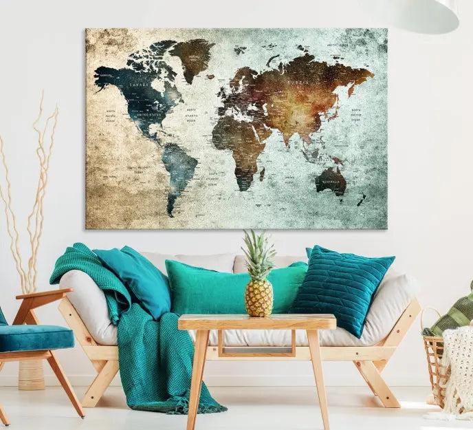 A Push Pin World Map Canvas Print, designed on museum-quality canvas, hangs prominently as a captivating piece of wall art.