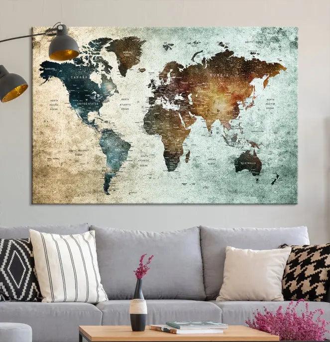 A Push Pin World Map Canvas Print, designed on museum-quality canvas, hangs prominently as a captivating piece of wall art.