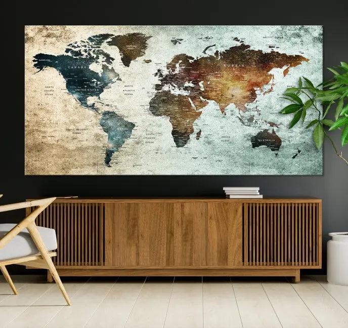 A Push Pin World Map Canvas Print, designed on museum-quality canvas, hangs prominently as a captivating piece of wall art.