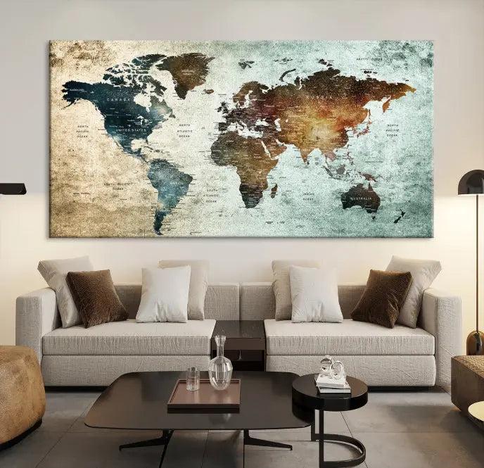 A Push Pin World Map Canvas Print, designed on museum-quality canvas, hangs prominently as a captivating piece of wall art.