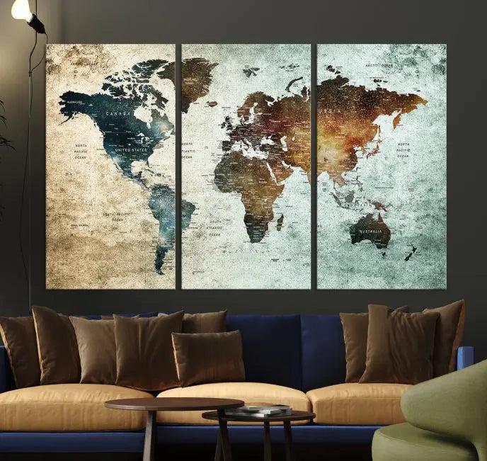 A Push Pin World Map Canvas Print, designed on museum-quality canvas, hangs prominently as a captivating piece of wall art.