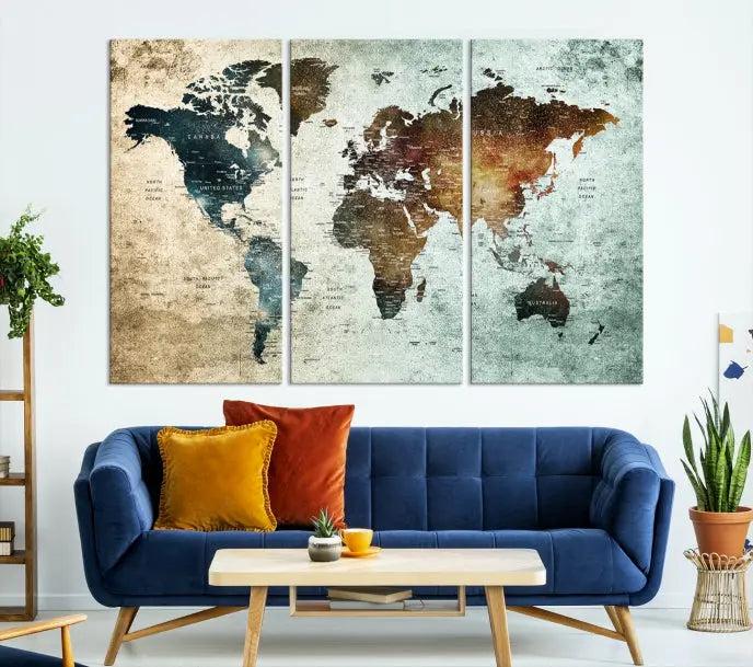 A Push Pin World Map Canvas Print, designed on museum-quality canvas, hangs prominently as a captivating piece of wall art.