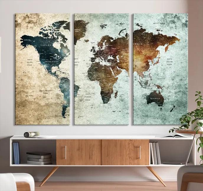 A Push Pin World Map Canvas Print, designed on museum-quality canvas, hangs prominently as a captivating piece of wall art.