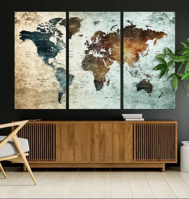 A Push Pin World Map Canvas Print, designed on museum-quality canvas, hangs prominently as a captivating piece of wall art.