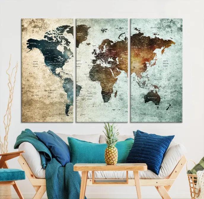 A Push Pin World Map Canvas Print, designed on museum-quality canvas, hangs prominently as a captivating piece of wall art.