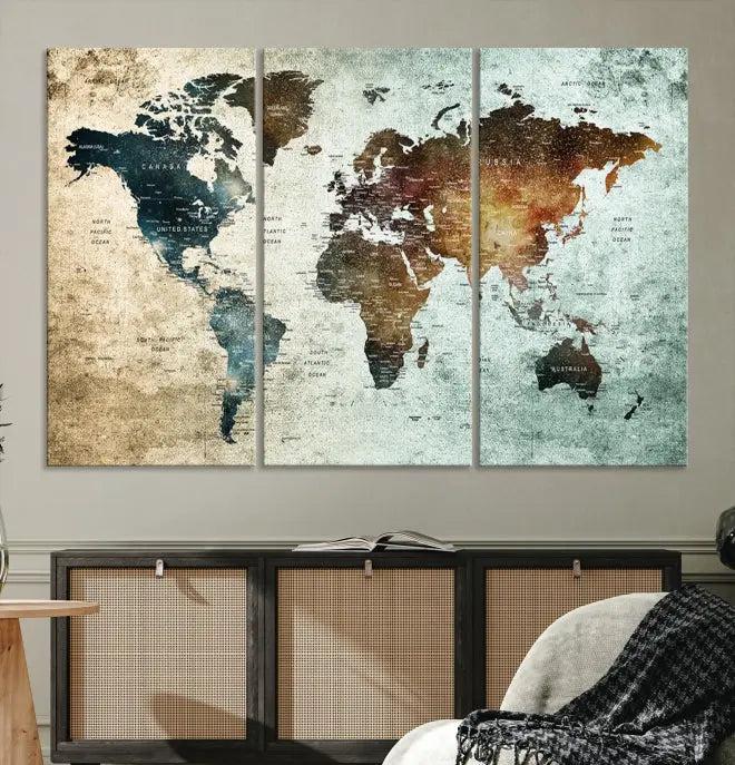 A Push Pin World Map Canvas Print, designed on museum-quality canvas, hangs prominently as a captivating piece of wall art.