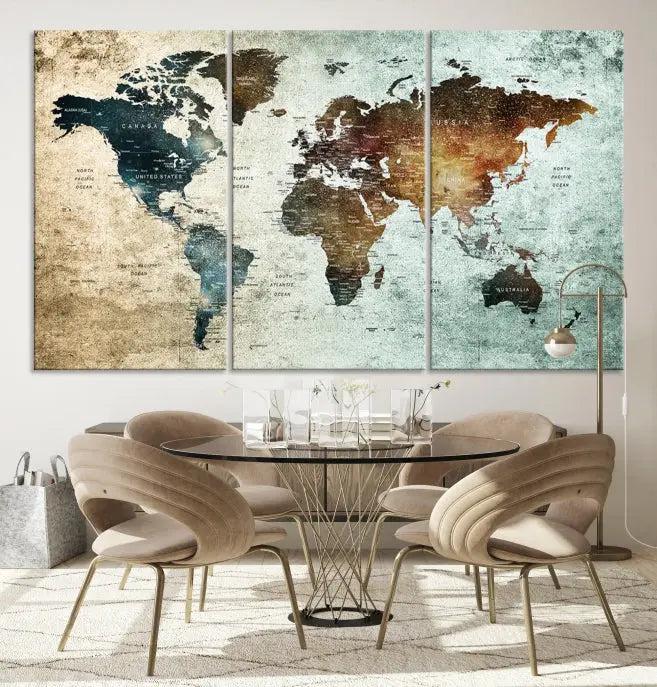 A Push Pin World Map Canvas Print, designed on museum-quality canvas, hangs prominently as a captivating piece of wall art.