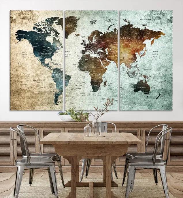 A Push Pin World Map Canvas Print, designed on museum-quality canvas, hangs prominently as a captivating piece of wall art.