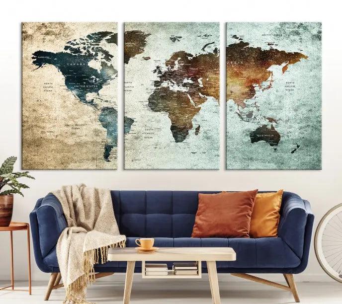 A Push Pin World Map Canvas Print, designed on museum-quality canvas, hangs prominently as a captivating piece of wall art.