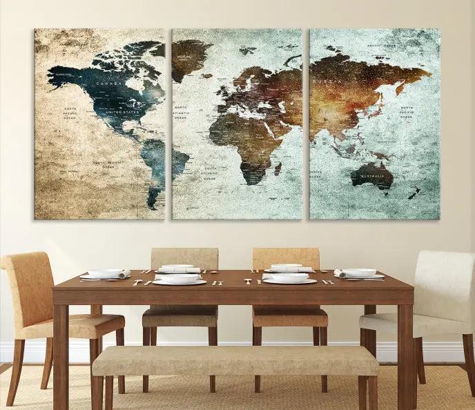 A Push Pin World Map Canvas Print, designed on museum-quality canvas, hangs prominently as a captivating piece of wall art.