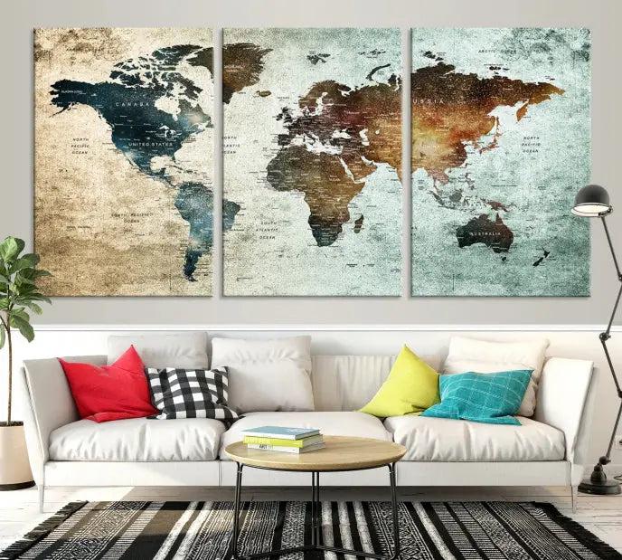 A Push Pin World Map Canvas Print, designed on museum-quality canvas, hangs prominently as a captivating piece of wall art.