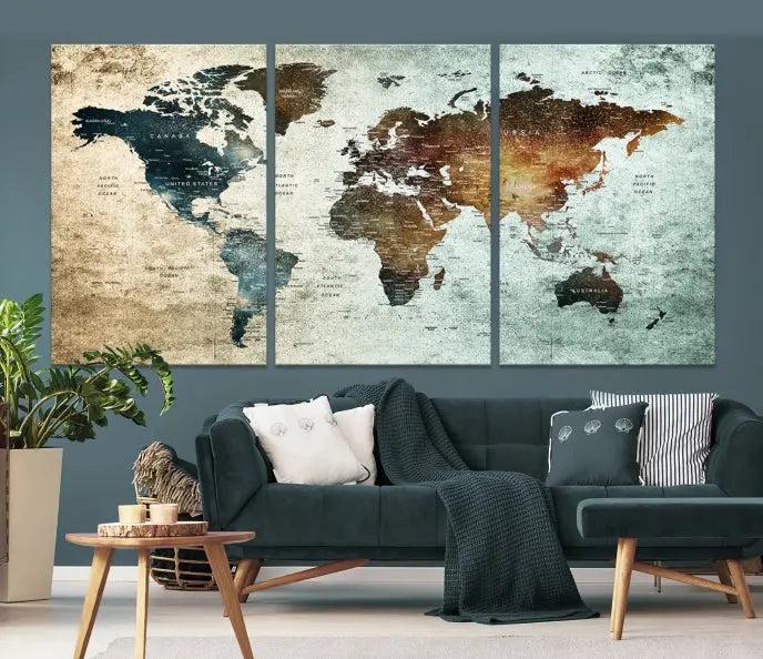 A Push Pin World Map Canvas Print, designed on museum-quality canvas, hangs prominently as a captivating piece of wall art.