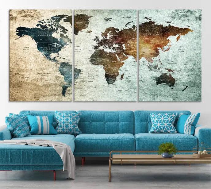 A Push Pin World Map Canvas Print, designed on museum-quality canvas, hangs prominently as a captivating piece of wall art.