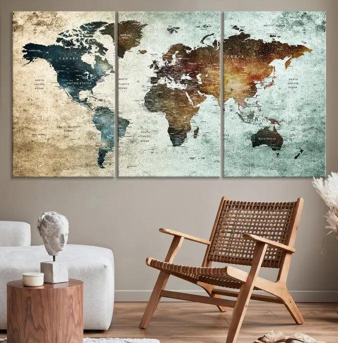 A Push Pin World Map Canvas Print, designed on museum-quality canvas, hangs prominently as a captivating piece of wall art.