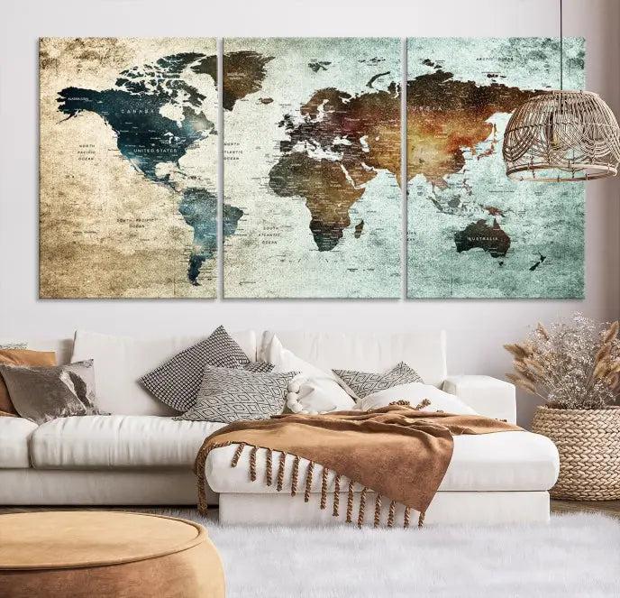 A Push Pin World Map Canvas Print, designed on museum-quality canvas, hangs prominently as a captivating piece of wall art.