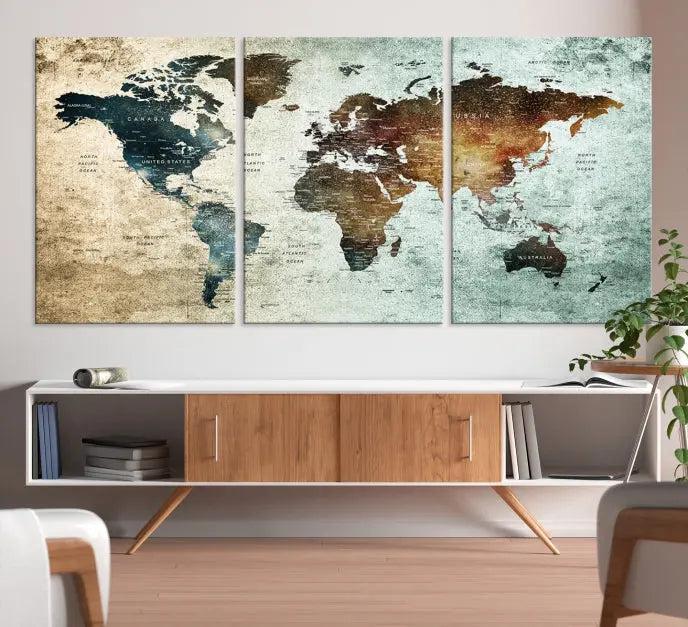 A Push Pin World Map Canvas Print, designed on museum-quality canvas, hangs prominently as a captivating piece of wall art.