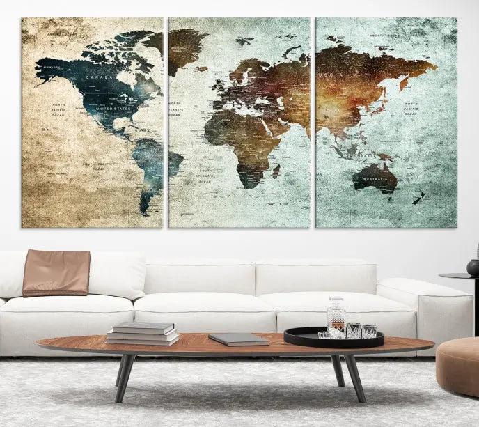 A Push Pin World Map Canvas Print, designed on museum-quality canvas, hangs prominently as a captivating piece of wall art.