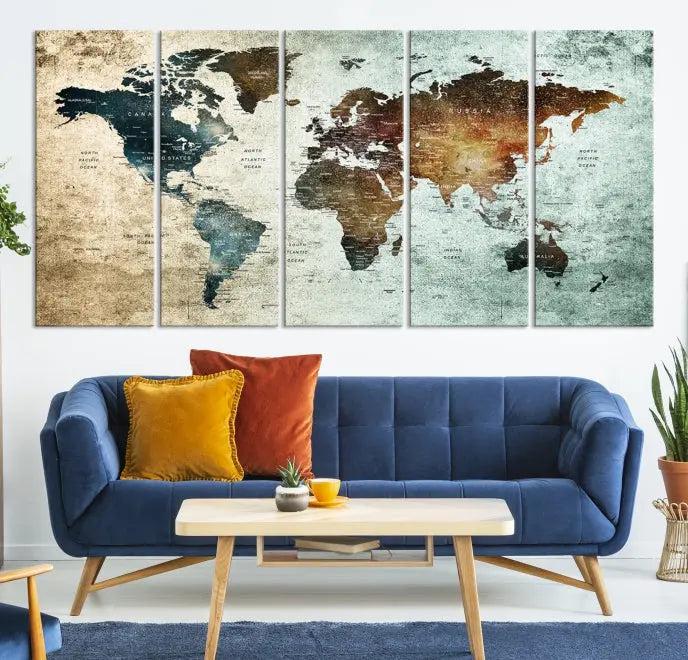 A Push Pin World Map Canvas Print, designed on museum-quality canvas, hangs prominently as a captivating piece of wall art.