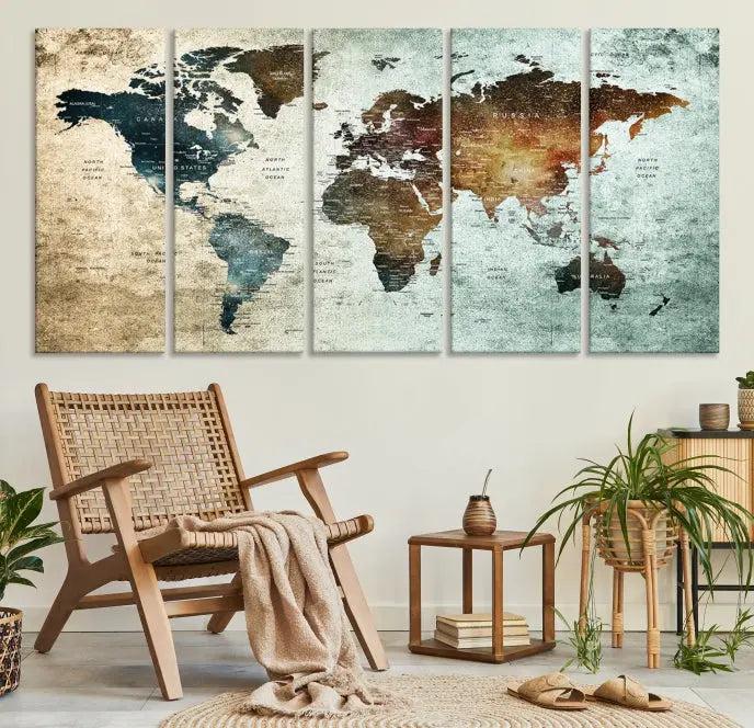 A Push Pin World Map Canvas Print, designed on museum-quality canvas, hangs prominently as a captivating piece of wall art.