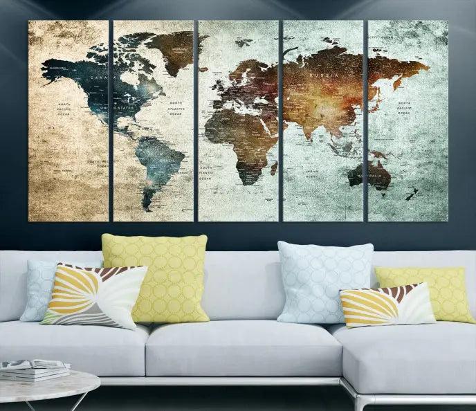 A Push Pin World Map Canvas Print, designed on museum-quality canvas, hangs prominently as a captivating piece of wall art.