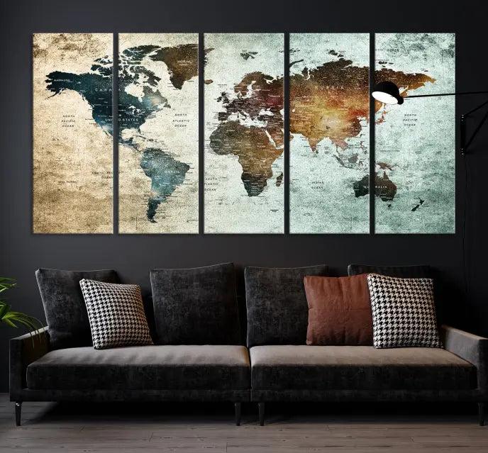 A Push Pin World Map Canvas Print, designed on museum-quality canvas, hangs prominently as a captivating piece of wall art.