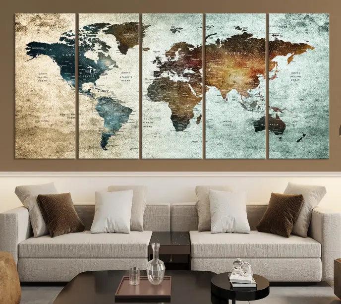 A Push Pin World Map Canvas Print, designed on museum-quality canvas, hangs prominently as a captivating piece of wall art.