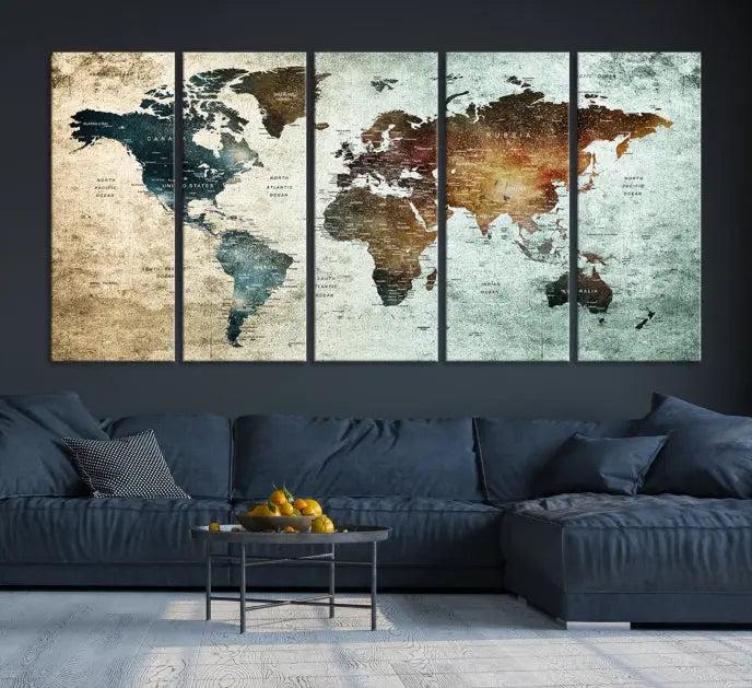 A Push Pin World Map Canvas Print, designed on museum-quality canvas, hangs prominently as a captivating piece of wall art.