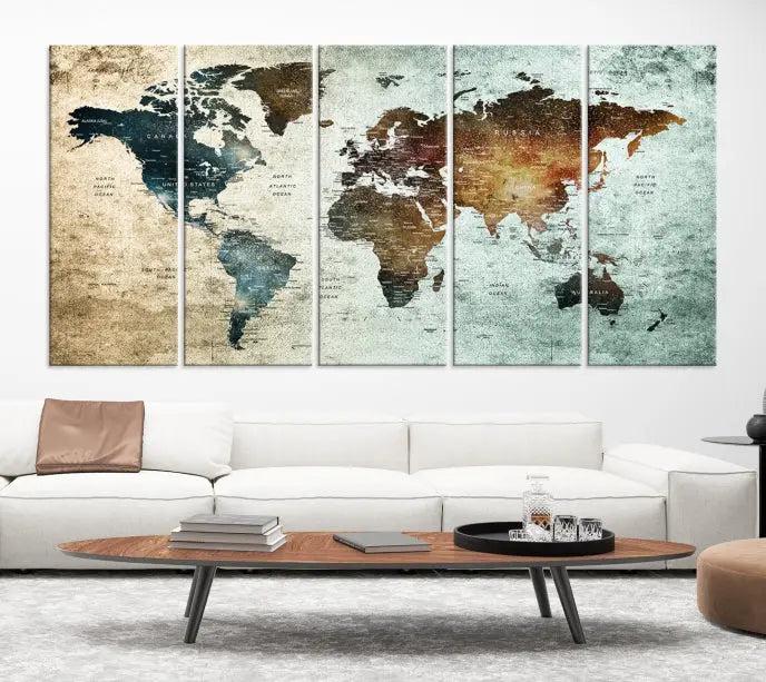 A Push Pin World Map Canvas Print, designed on museum-quality canvas, hangs prominently as a captivating piece of wall art.