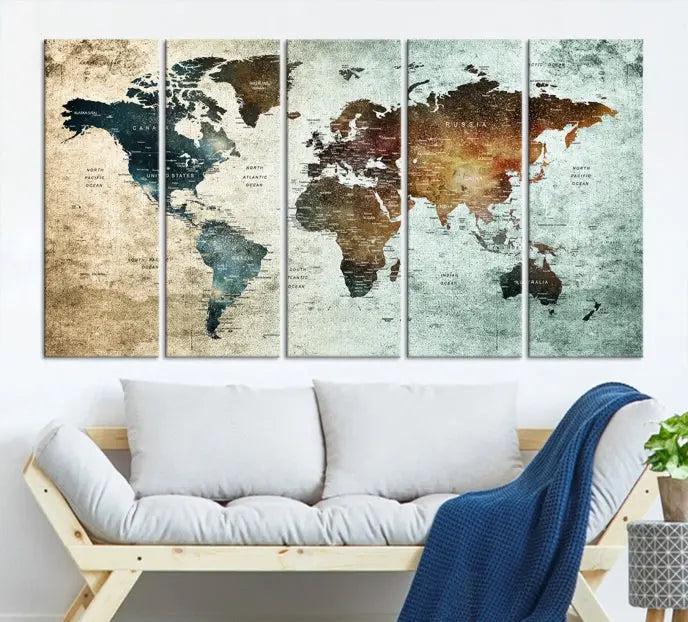 A Push Pin World Map Canvas Print, designed on museum-quality canvas, hangs prominently as a captivating piece of wall art.