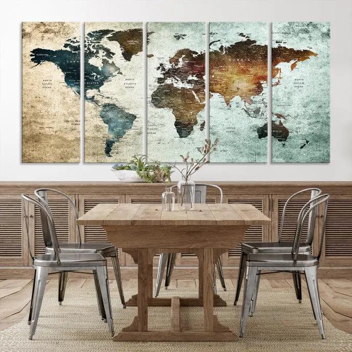 A Push Pin World Map Canvas Print, designed on museum-quality canvas, hangs prominently as a captivating piece of wall art.