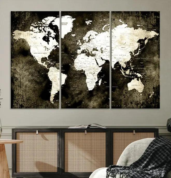 A gallery-wrapped, three-panel Push Pin World Map Canvas Print, crafted on museum-quality canvas, adorns the wall.