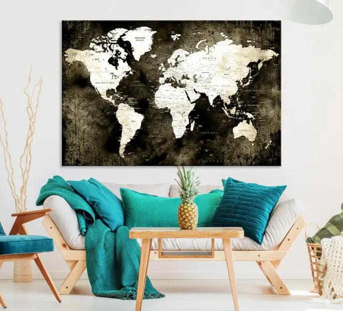 A gallery-wrapped, three-panel Push Pin World Map Canvas Print, crafted on museum-quality canvas, adorns the wall.