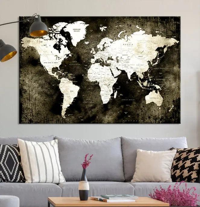 A gallery-wrapped, three-panel Push Pin World Map Canvas Print, crafted on museum-quality canvas, adorns the wall.