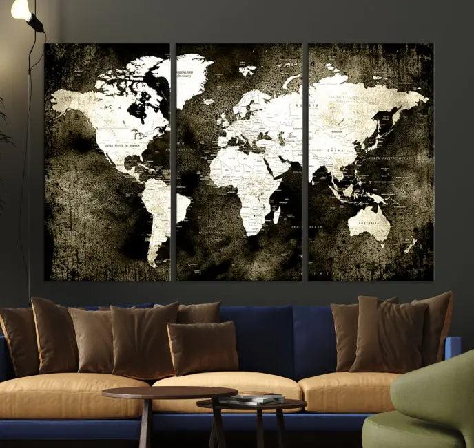 A gallery-wrapped, three-panel Push Pin World Map Canvas Print, crafted on museum-quality canvas, adorns the wall.