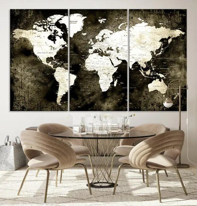 A gallery-wrapped, three-panel Push Pin World Map Canvas Print, crafted on museum-quality canvas, adorns the wall.