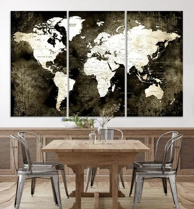 A gallery-wrapped, three-panel Push Pin World Map Canvas Print, crafted on museum-quality canvas, adorns the wall.