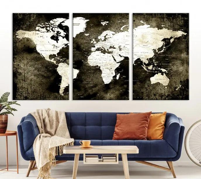 A gallery-wrapped, three-panel Push Pin World Map Canvas Print, crafted on museum-quality canvas, adorns the wall.