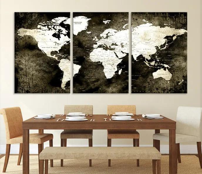 A gallery-wrapped, three-panel Push Pin World Map Canvas Print, crafted on museum-quality canvas, adorns the wall.