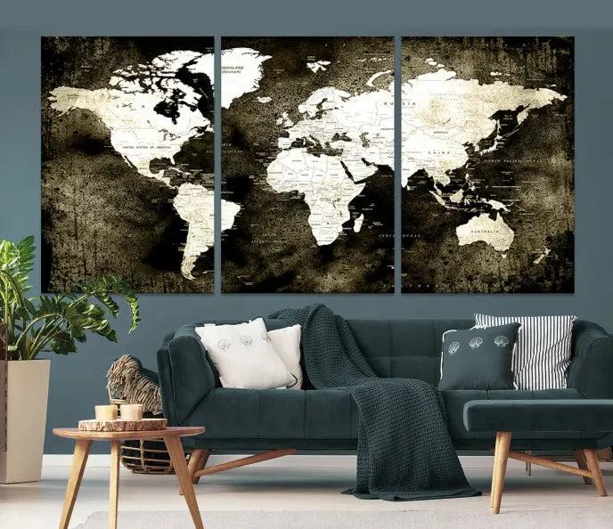 A gallery-wrapped, three-panel Push Pin World Map Canvas Print, crafted on museum-quality canvas, adorns the wall.