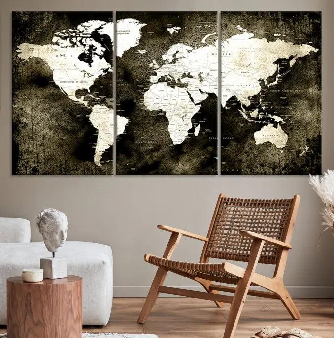 A gallery-wrapped, three-panel Push Pin World Map Canvas Print, crafted on museum-quality canvas, adorns the wall.