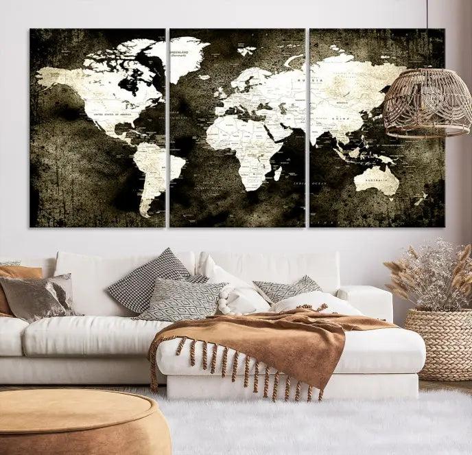 A gallery-wrapped, three-panel Push Pin World Map Canvas Print, crafted on museum-quality canvas, adorns the wall.