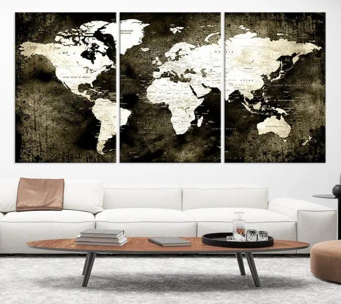 A gallery-wrapped, three-panel Push Pin World Map Canvas Print, crafted on museum-quality canvas, adorns the wall.