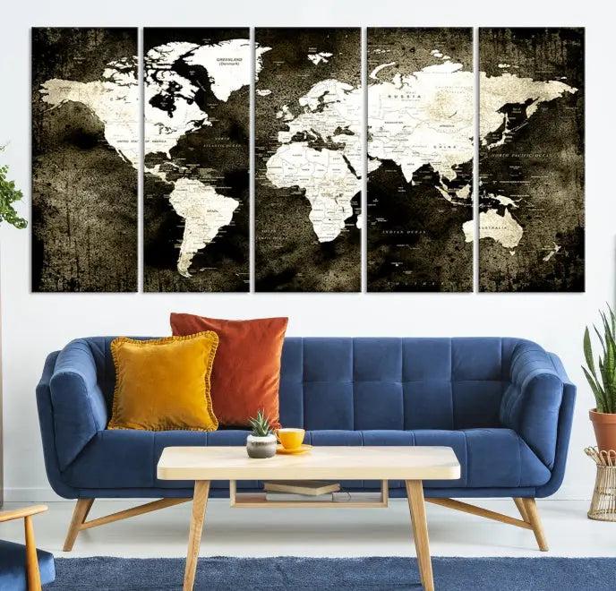 A gallery-wrapped, three-panel Push Pin World Map Canvas Print, crafted on museum-quality canvas, adorns the wall.