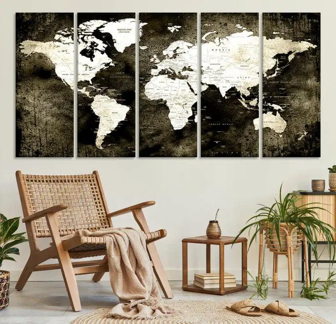 A gallery-wrapped, three-panel Push Pin World Map Canvas Print, crafted on museum-quality canvas, adorns the wall.