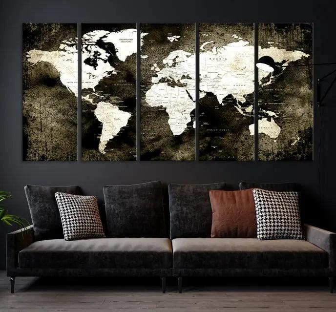 A gallery-wrapped, three-panel Push Pin World Map Canvas Print, crafted on museum-quality canvas, adorns the wall.