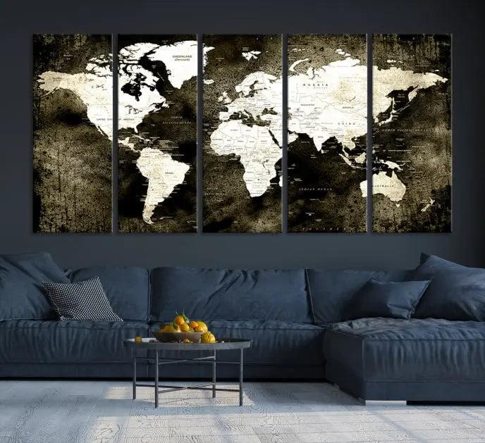 A gallery-wrapped, three-panel Push Pin World Map Canvas Print, crafted on museum-quality canvas, adorns the wall.